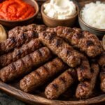 Grilled cevapcici with sides and condiments
