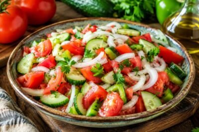 authentic Serbian Salad Recipe with tomato cucumber