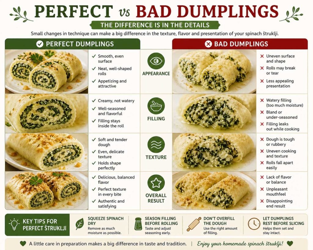 Perfect slovenian spinach štruklji vs bad spinach štruklji comparison