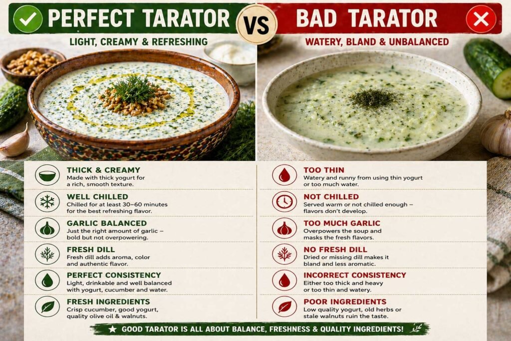Comparison of perfect tarator vs bad tarator showing texture