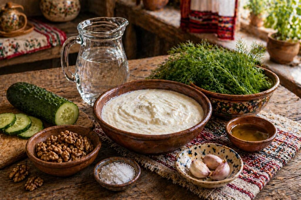 Diced cucumber on wooden board with yogurt mixture and olive oil ready for tarator preparation