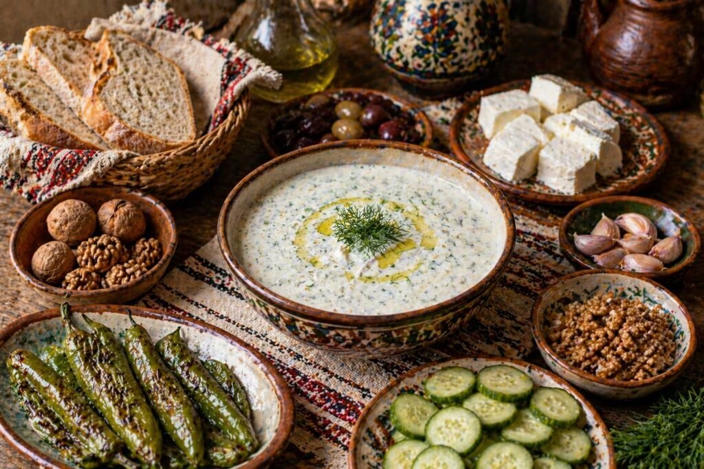 Traditional Bulgarian tarator served in a rustic countryside setting with fresh ingredients