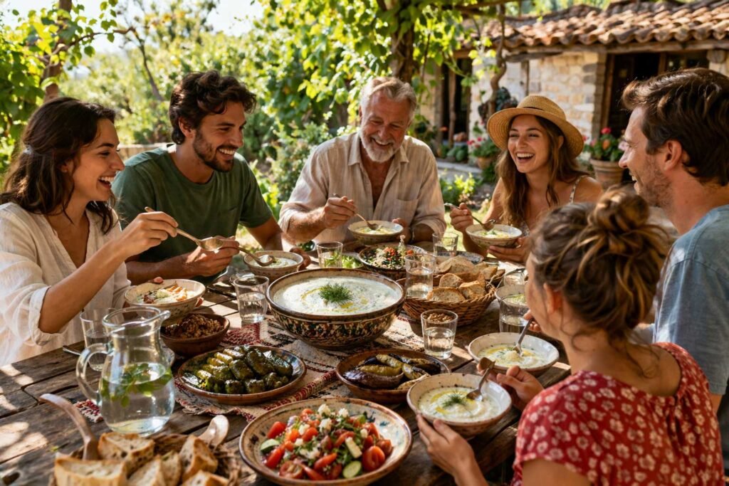 Family and friends enjoying tarator and traditional Balkan food outdoors