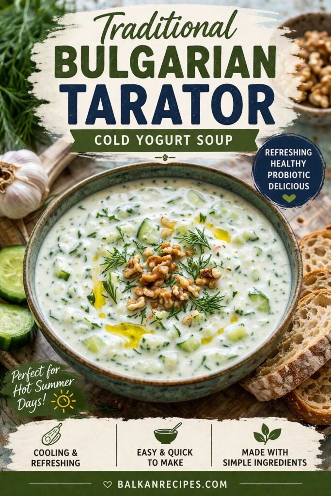 Pinterest-style image of Bulgarian tarator cold yogurt soup recipe with cucumber and dill