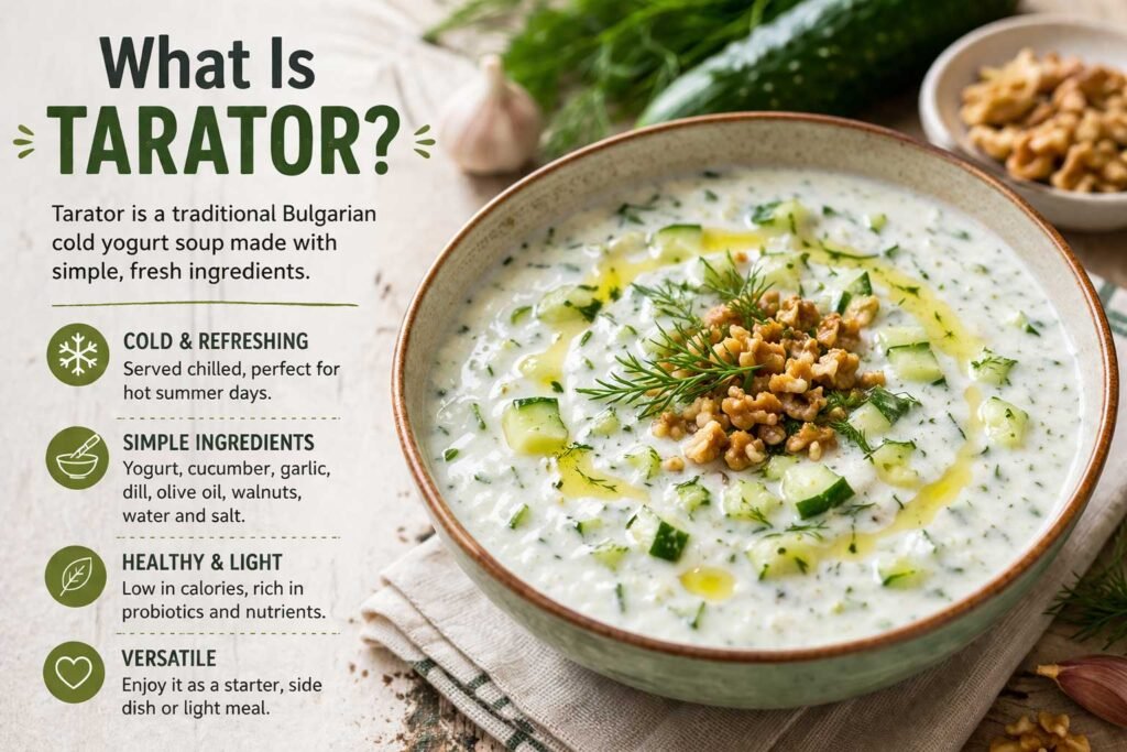 Close-up of tarator Bulgarian cold cucumber yogurt soup with fresh dill and walnuts