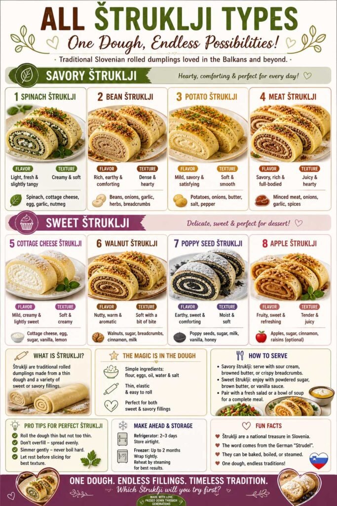 Slovenian Štruklji varieties savory and sweet delights