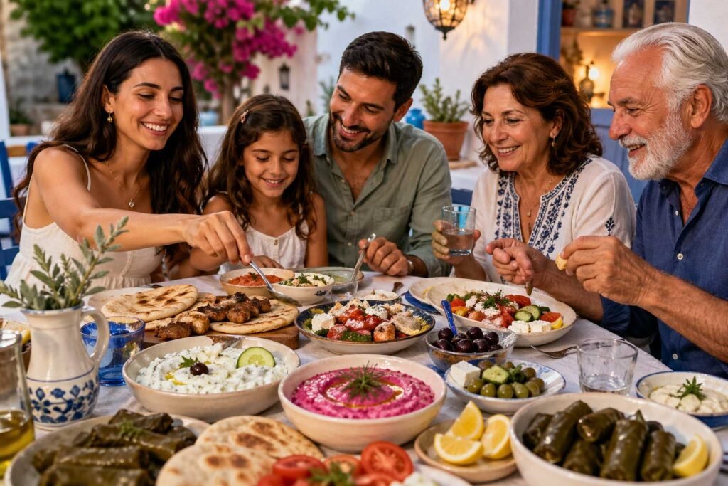 Family enjoying traditional Greek mezze dinner with dips