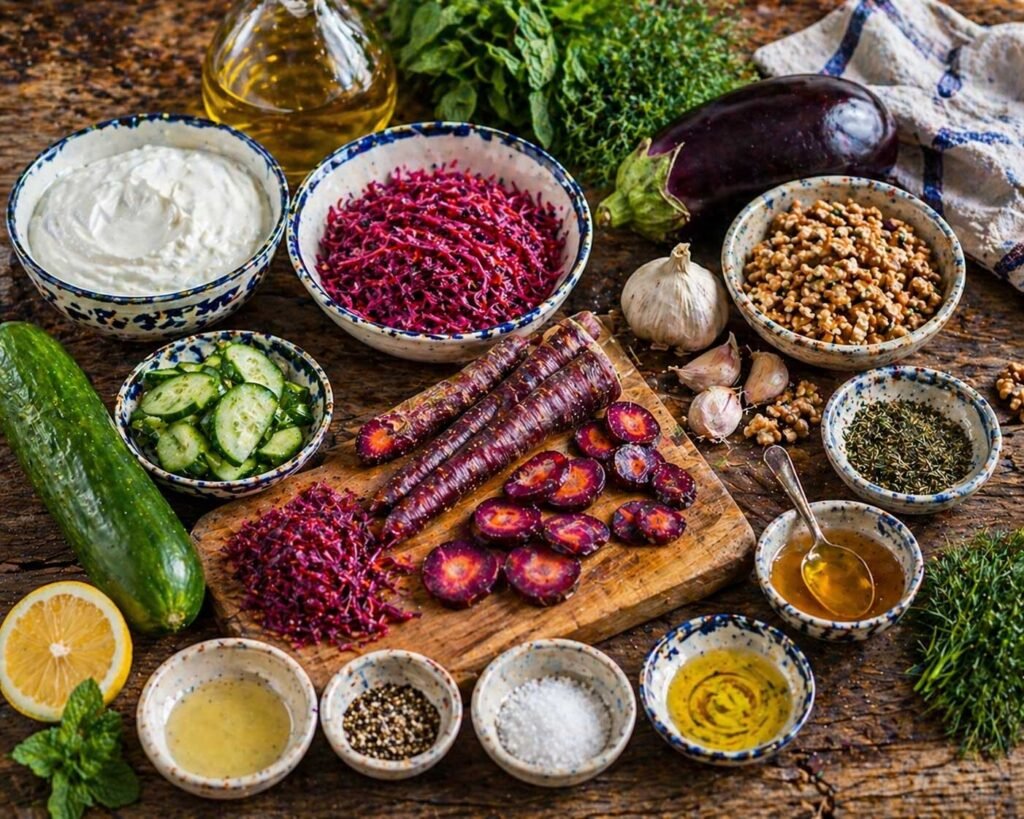 ngredients for purple carrot tzatziki and eggplant walnut dip