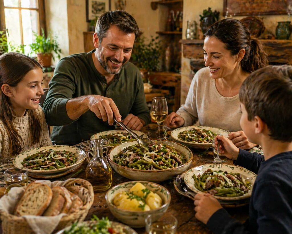 family enjoying traditional balkan dinner with green beans and beef dish