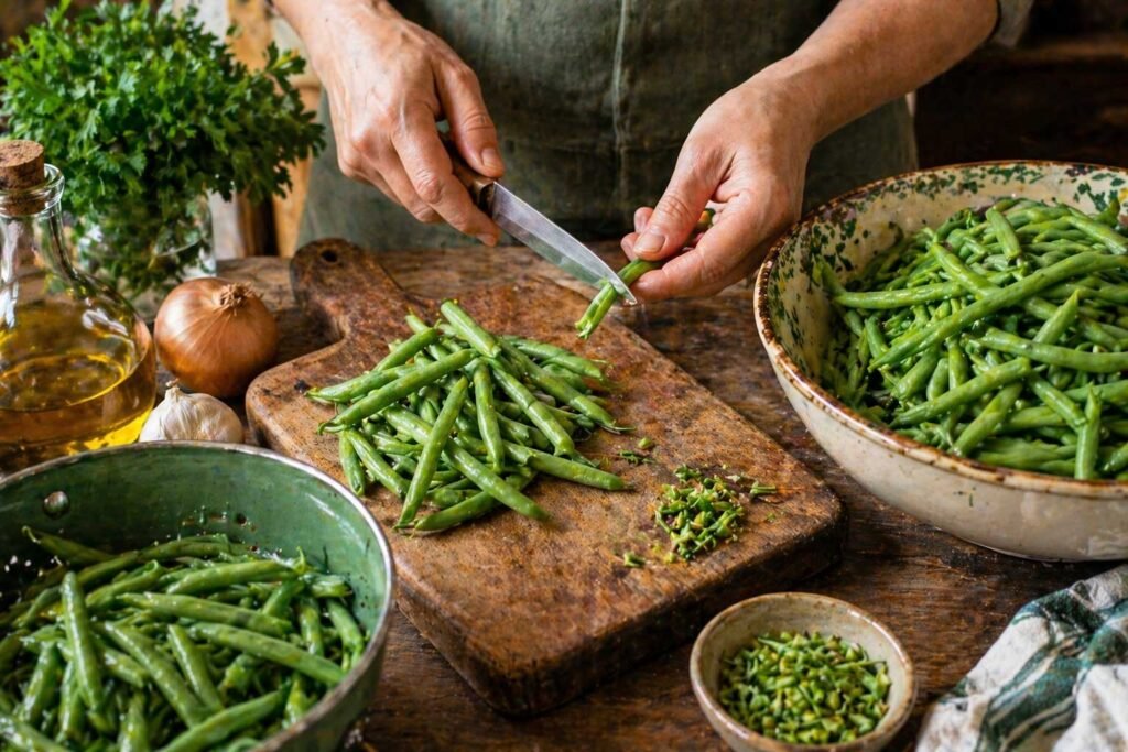 cutting green beans for slovenian string beans with beef recipe